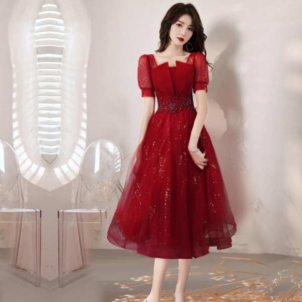 晚裝禮服方領紅色紗中長裙
